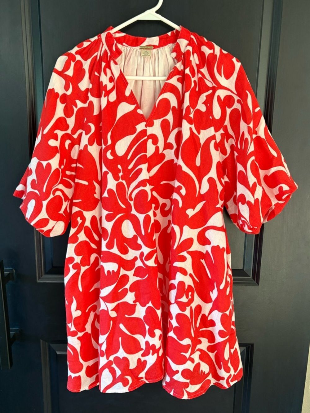 Magaschoni Linen Puff Sleeve Dress – Poppy Red & White Size S